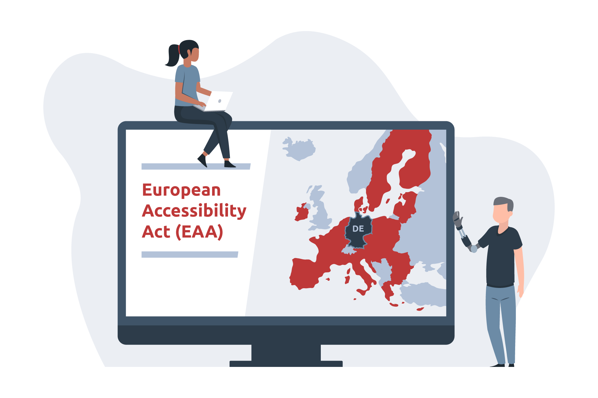 Illustration zu European Accessibility Act (EAA): Ein Monitor zeigt eine Karte von Europa, Deutschland sowie die weiteren Länder der EU sind farblich hervorgehoben.